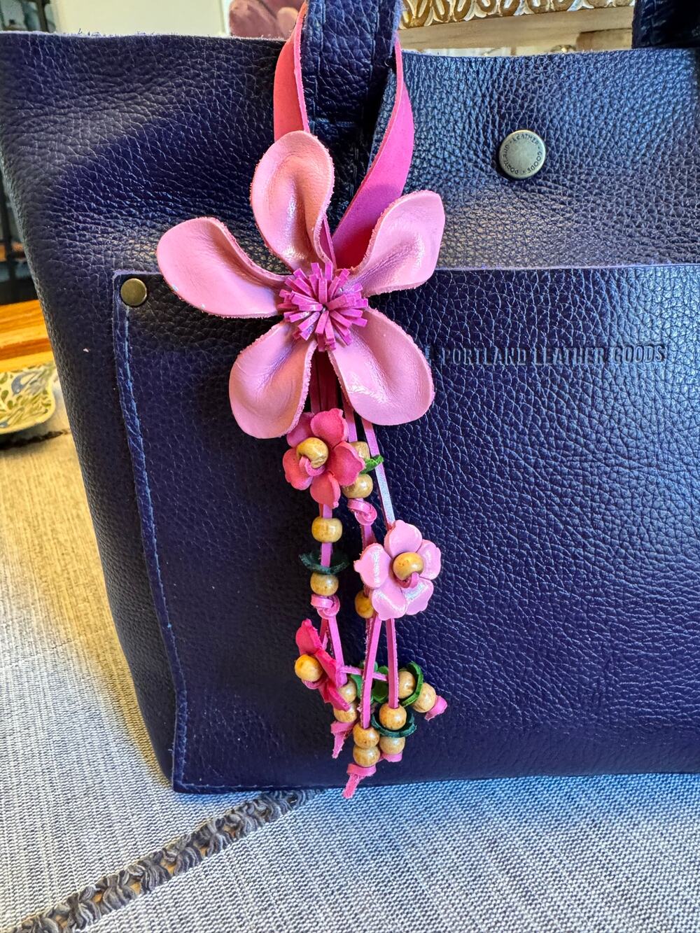 Pink Daisy Flower Bag Charm Genuine Leather Purse Charm Flowers